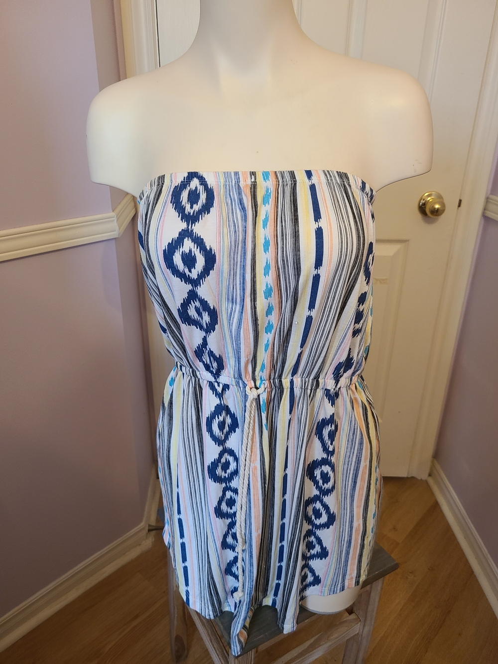 Lagaci Strapless Romper in White, Navy, Yellow & Aqua